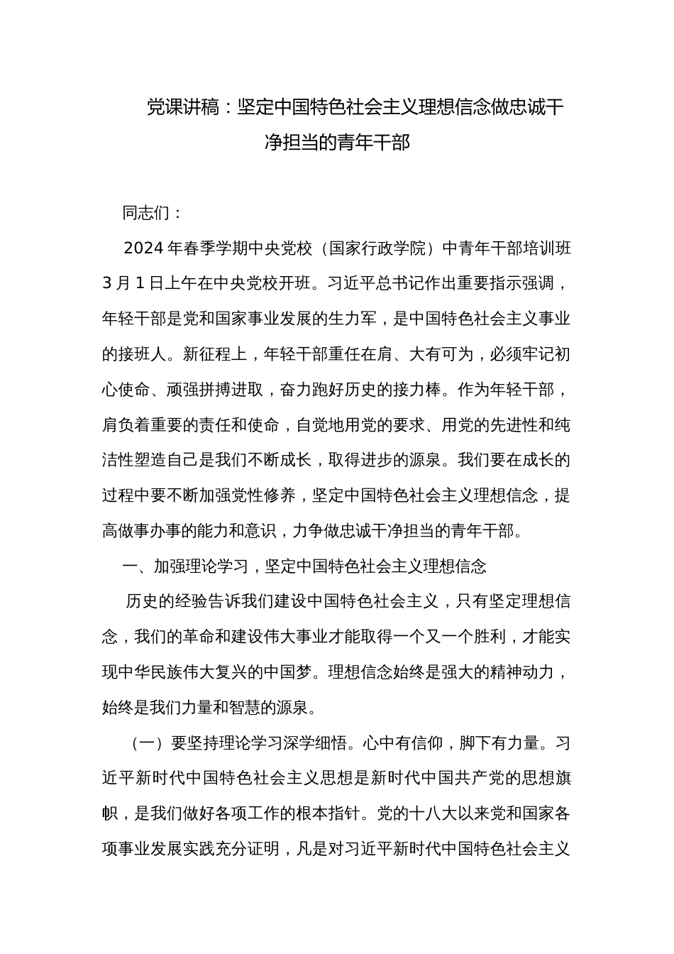 党课讲稿：坚定中国特色社会主义理想信念做忠诚干净担当的青年干部_第1页