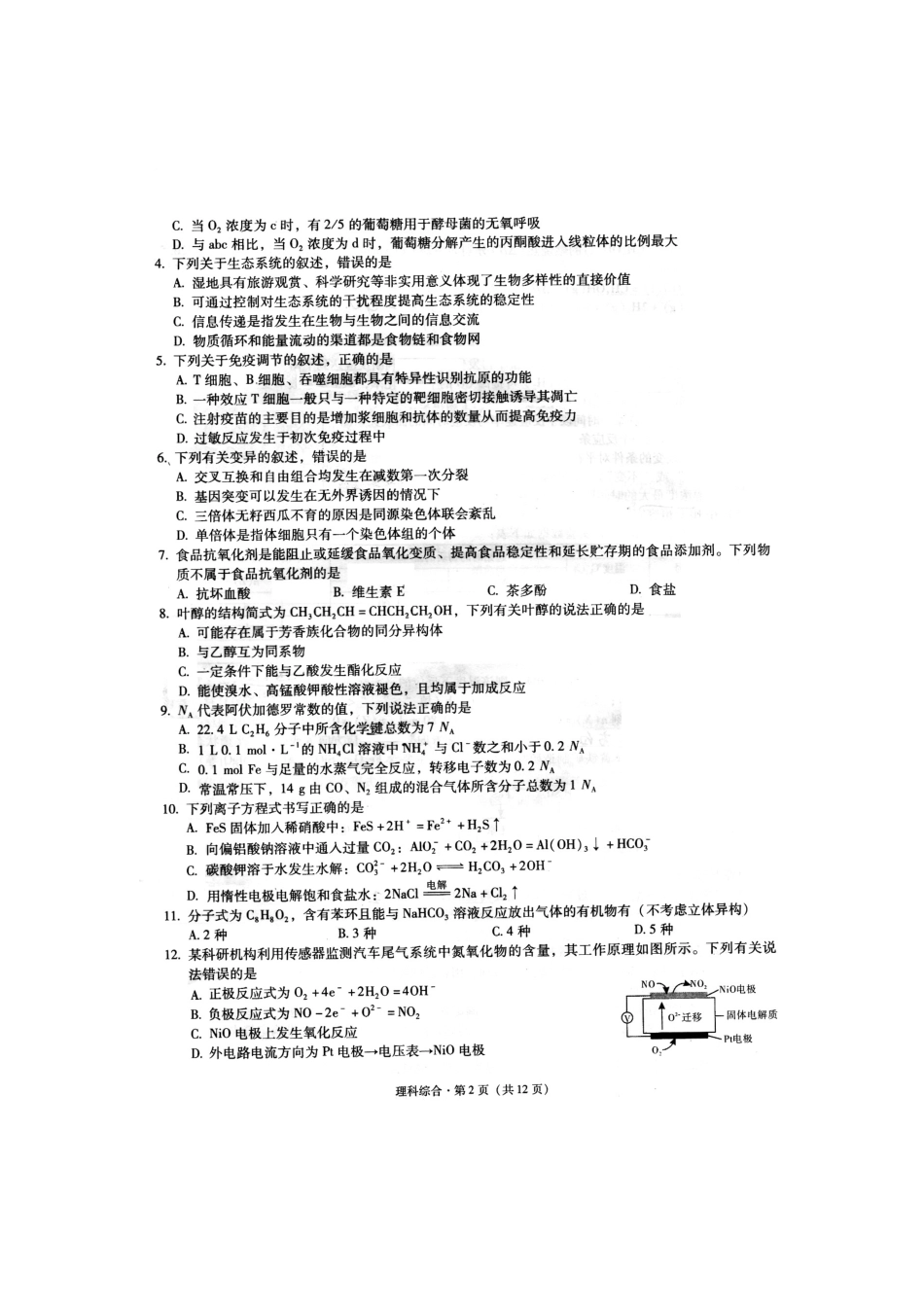 高清扫描版云南省昆明市第一中学昆一中2016届高三第一次摸底考试理科综合共12页共12页_第2页