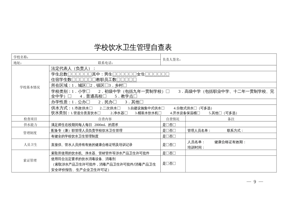 学校饮水卫生管理自查表_第1页