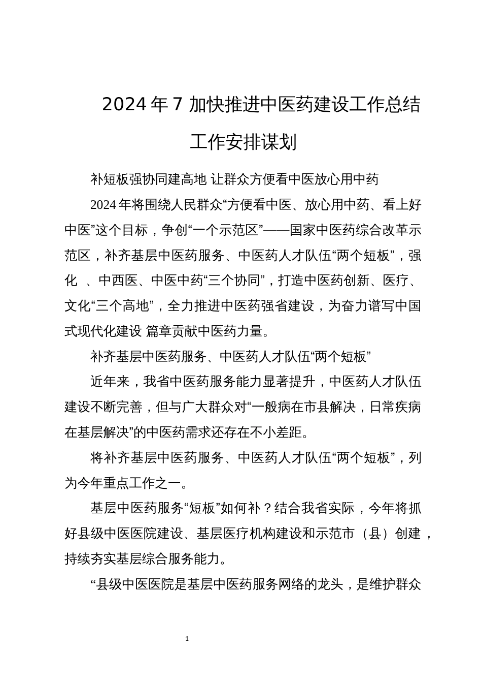 2024年7 加快推进中医药建设工作总结工作安排谋划工作要点_第1页