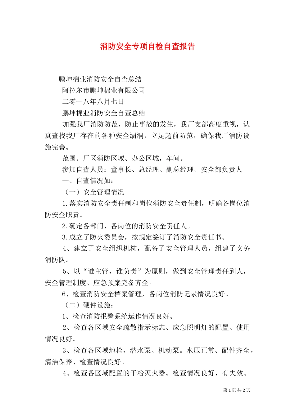 消防安全专项自检自查报告（一）_第1页