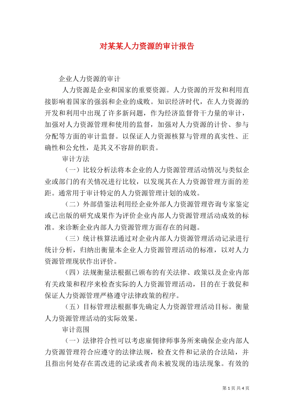 对某某人力资源的审计报告（一）_第1页