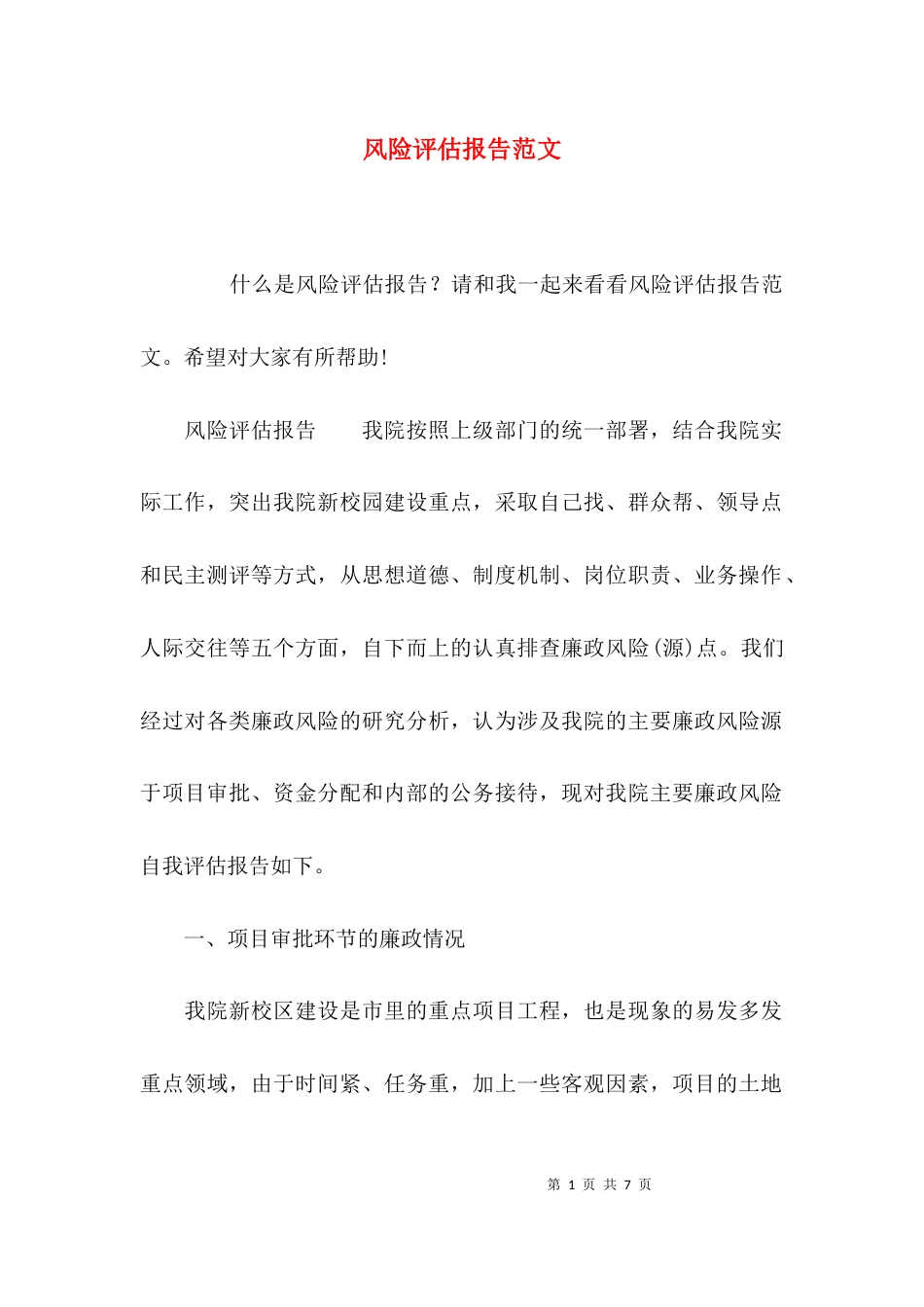 （精选）风险评估报告范文_第1页