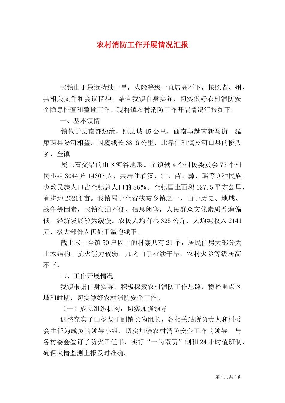 农村消防工作开展情况汇报_第1页
