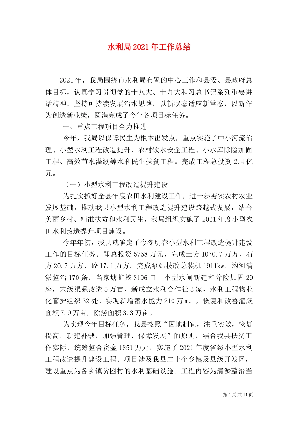 水利局2021年工作总结（一）_第1页