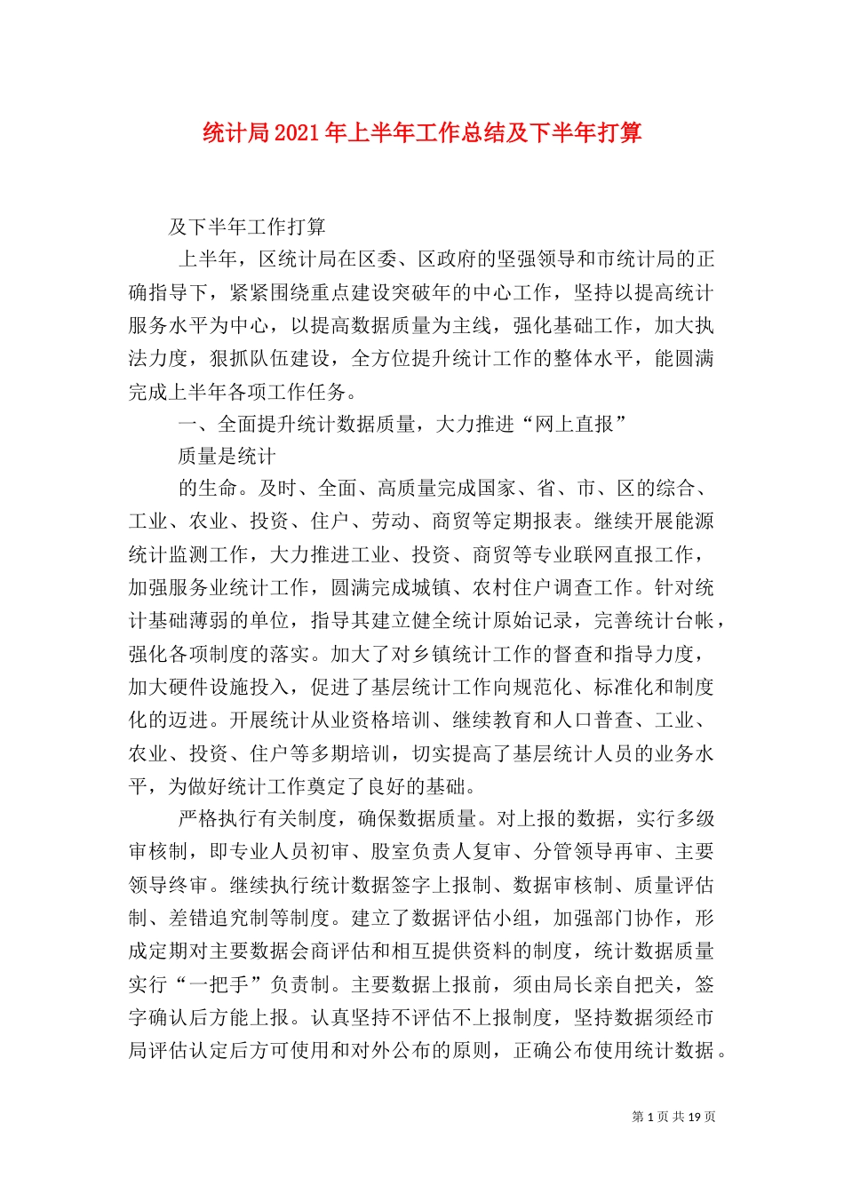 统计局2021年上半年工作总结及下半年打算_第1页