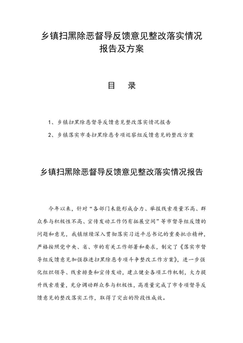 乡镇扫黑除恶督导反馈意见整改落实情况报告及方案  _第1页