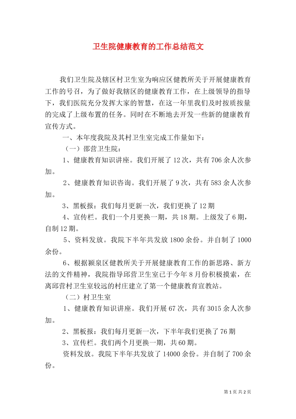 卫生院健康教育的工作总结范文_第1页