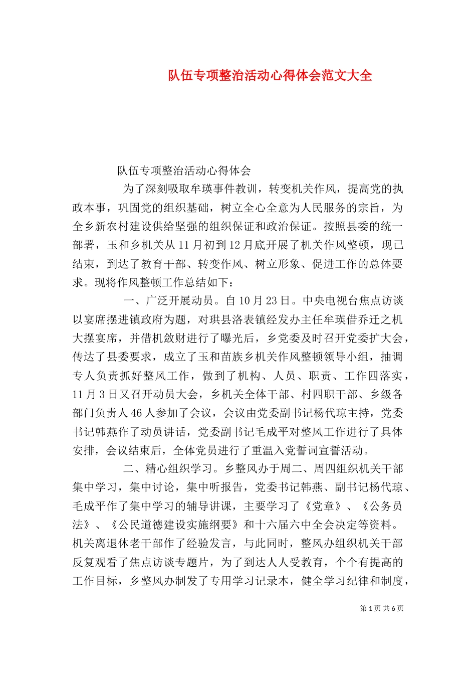 队伍专项整治活动心得体会范文大全_第1页
