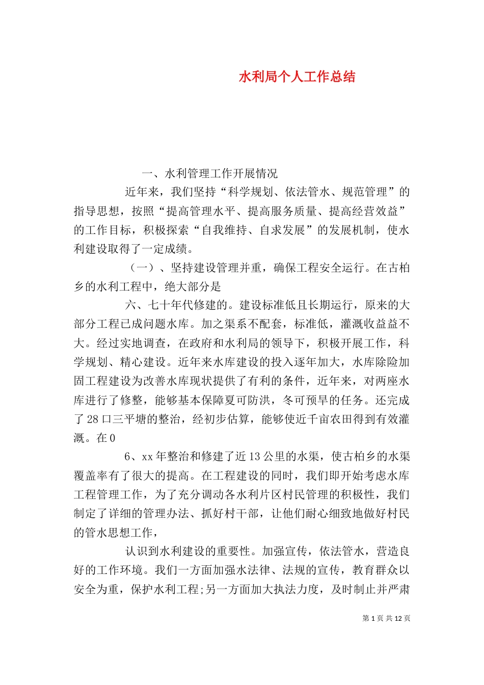 水利局个人工作总结（六）_第1页