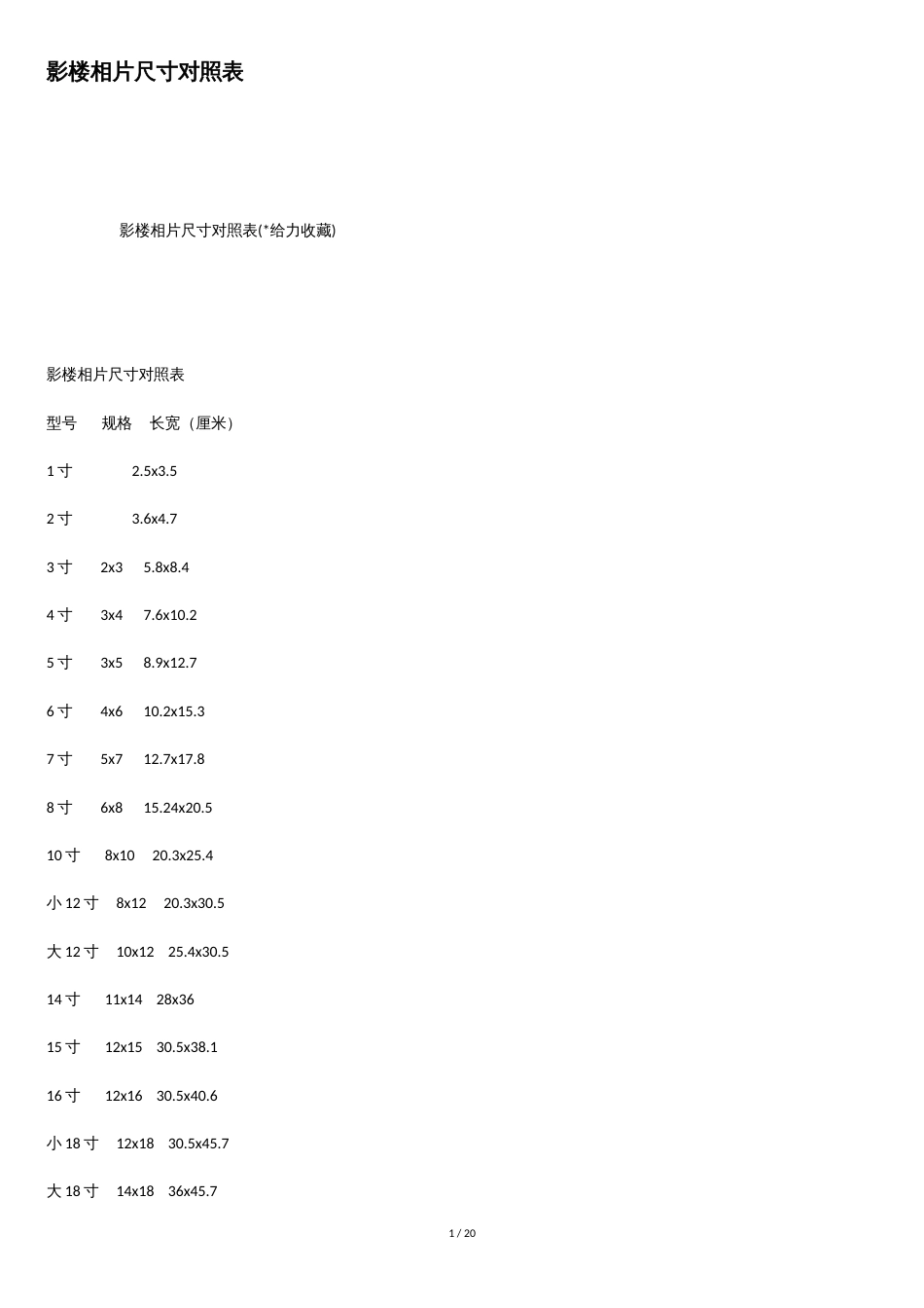 影楼相片尺寸对照表[共18页]_第1页