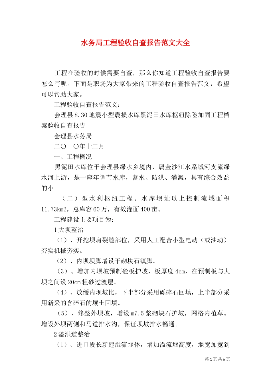 水务局工程验收自查报告范文大全_第1页