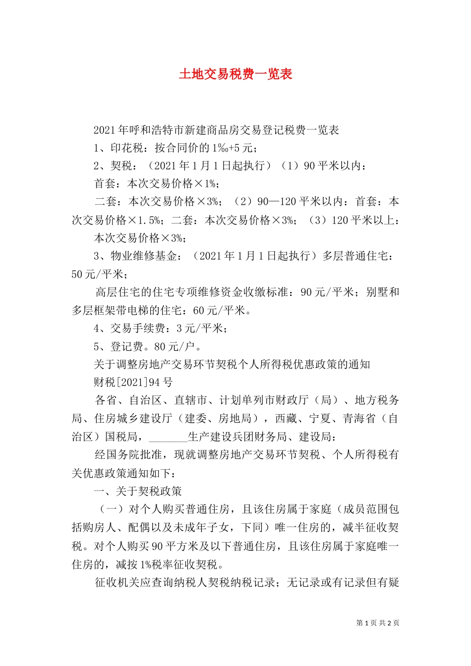 土地交易税费一览表（二）_第1页