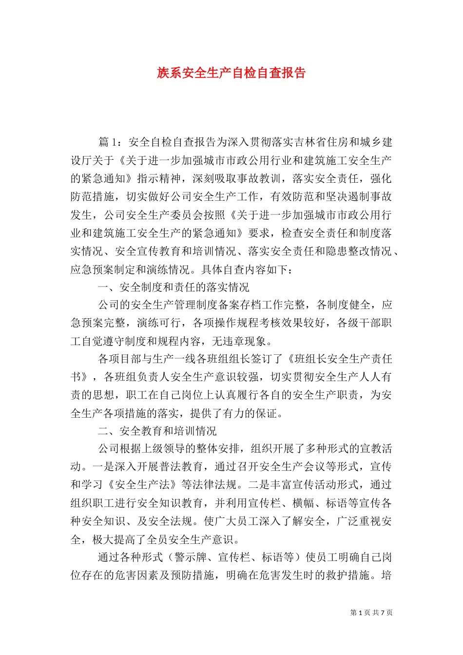 族系安全生产自检自查报告_第1页