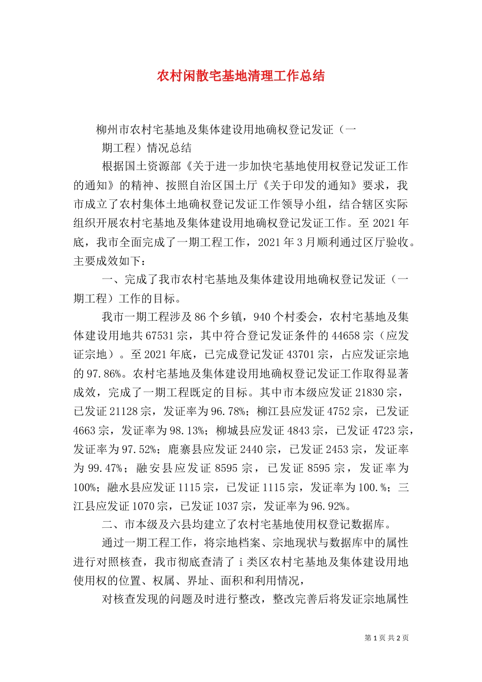 农村闲散宅基地清理工作总结（一）_第1页