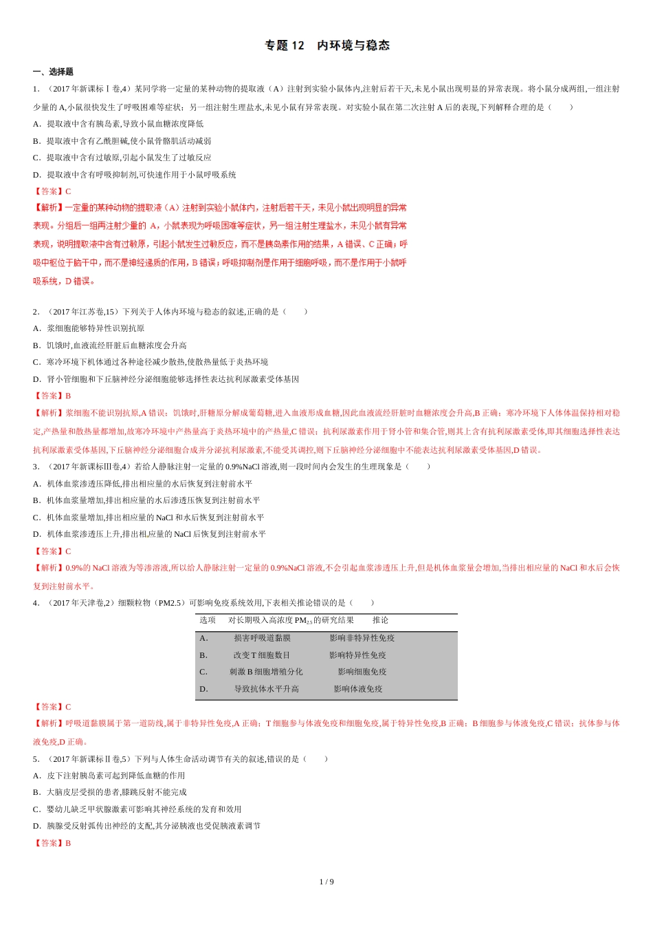 专题12-内环境与稳态-2017年高考题和高考模拟题生物分项版汇编(解析版)[共9页]_第1页