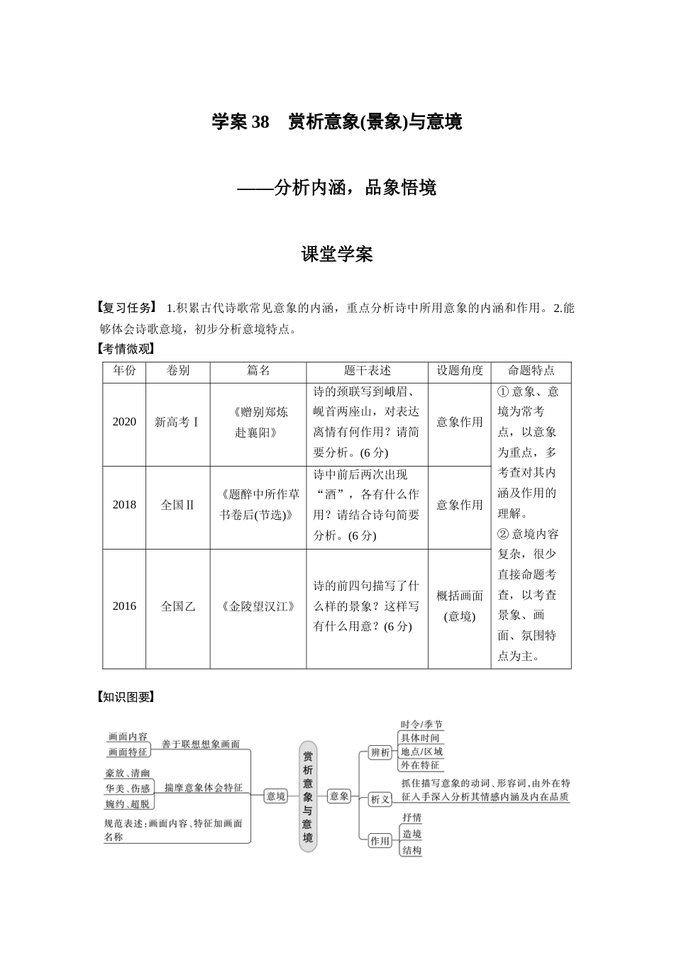 语文高考复习板块3 古诗阅读与鉴赏 学案38　赏析意象(景象)与意境_第1页