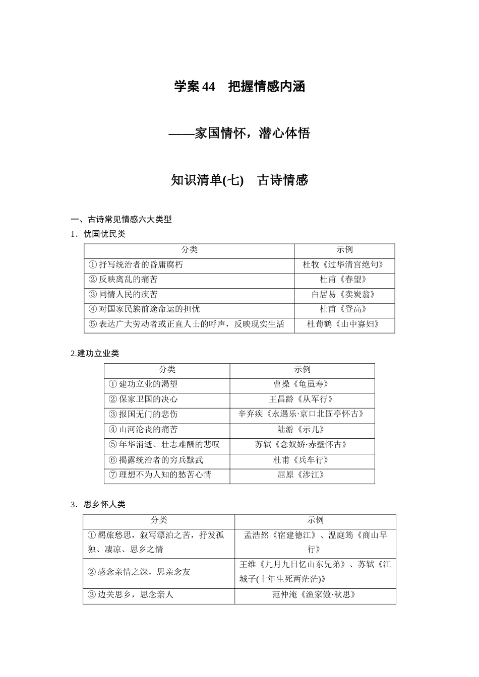 语文高考复习板块3 古诗阅读与鉴赏 学案44　把握情感内涵—家国情怀，潜心体悟_第1页