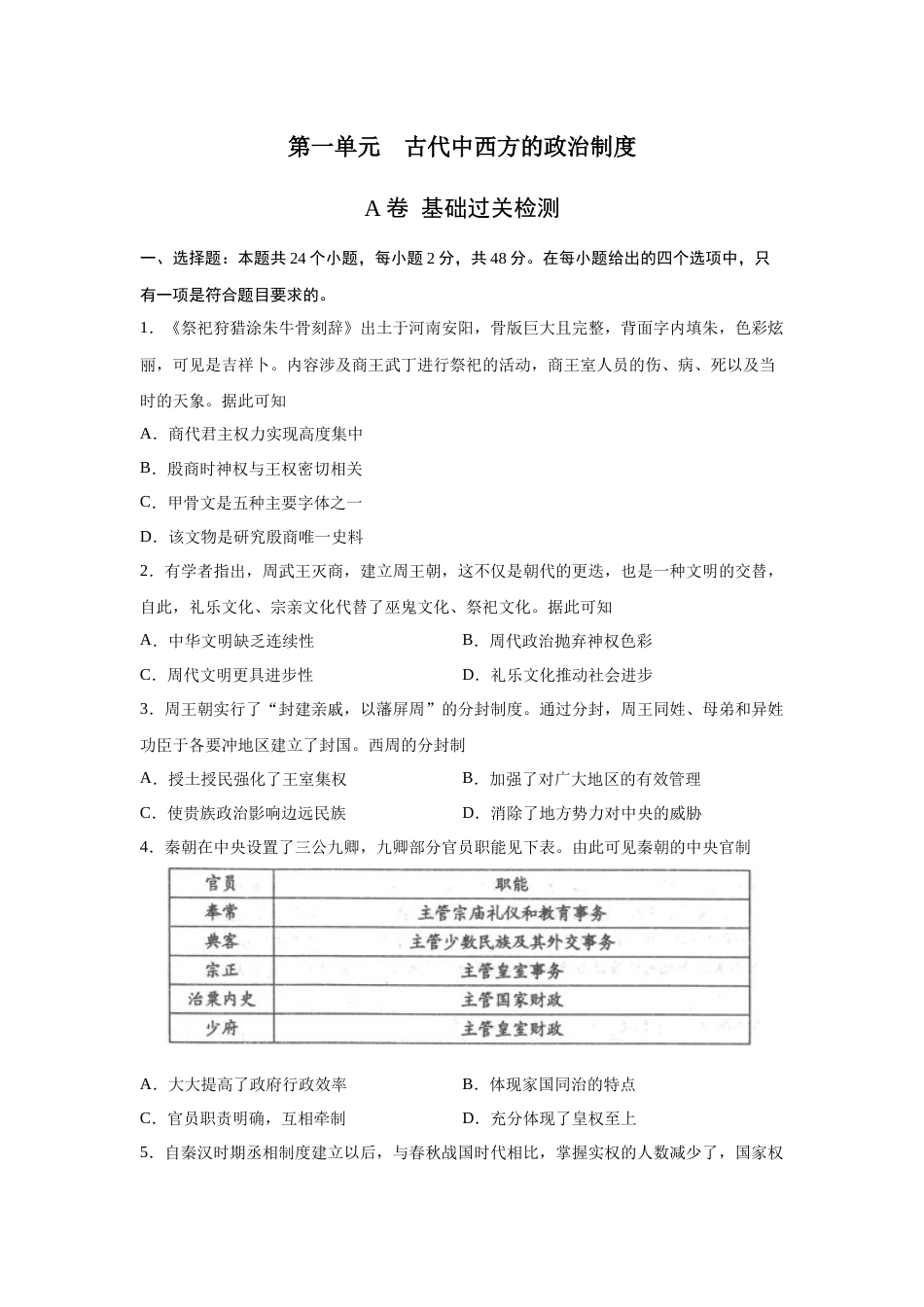 2023届高考历史一轮复习双测卷——古代中西方的政治制度A卷（Word版，含解析）_第1页