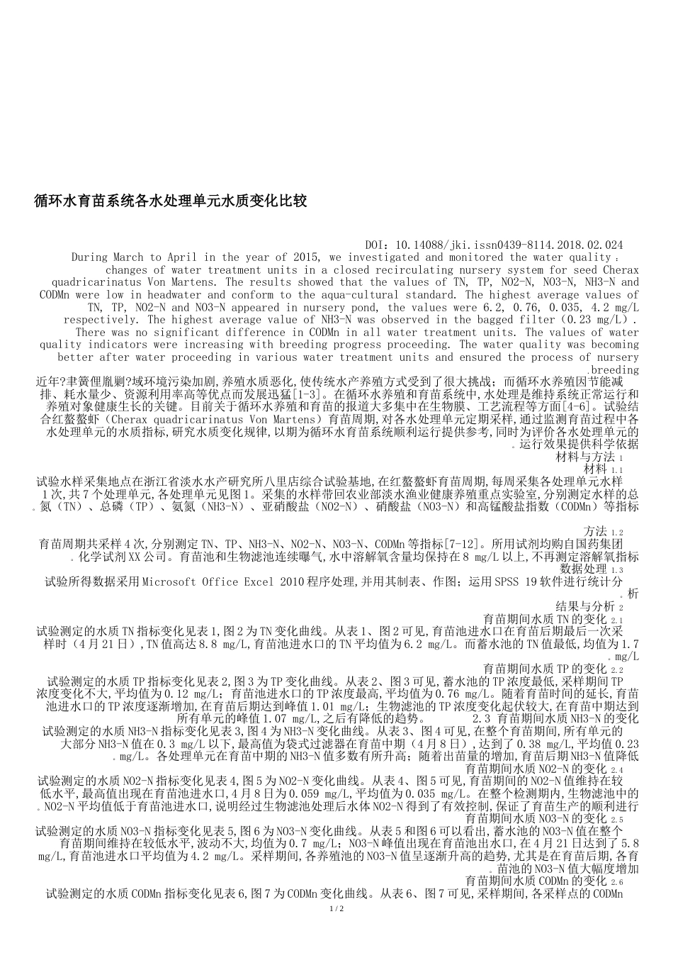 循环水育苗系统各水处理单元水质变化比较-2019年文档资料[共3页]_第1页