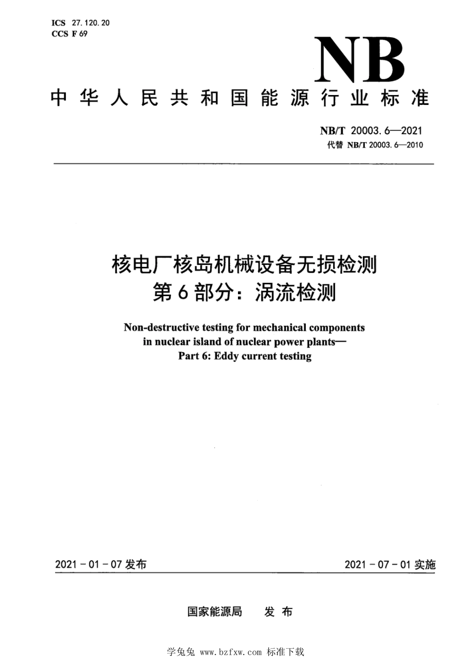 NB∕T 20003.6-2021 核电厂核岛机械设备无损检测 第6部分：涡流检测_第1页