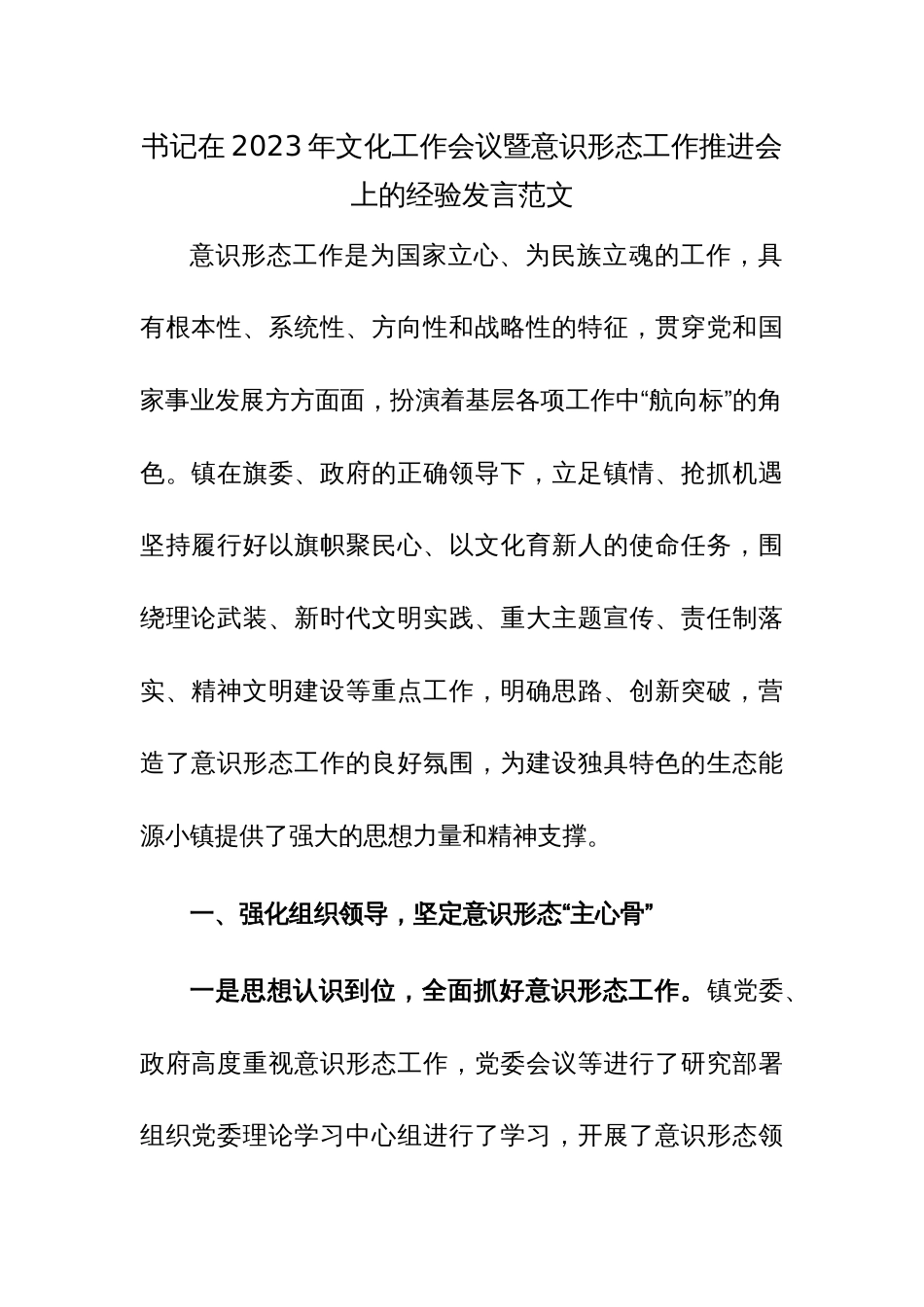 书记在2023年文化工作会议暨意识形态工作推进会上的经验发言范文_第1页