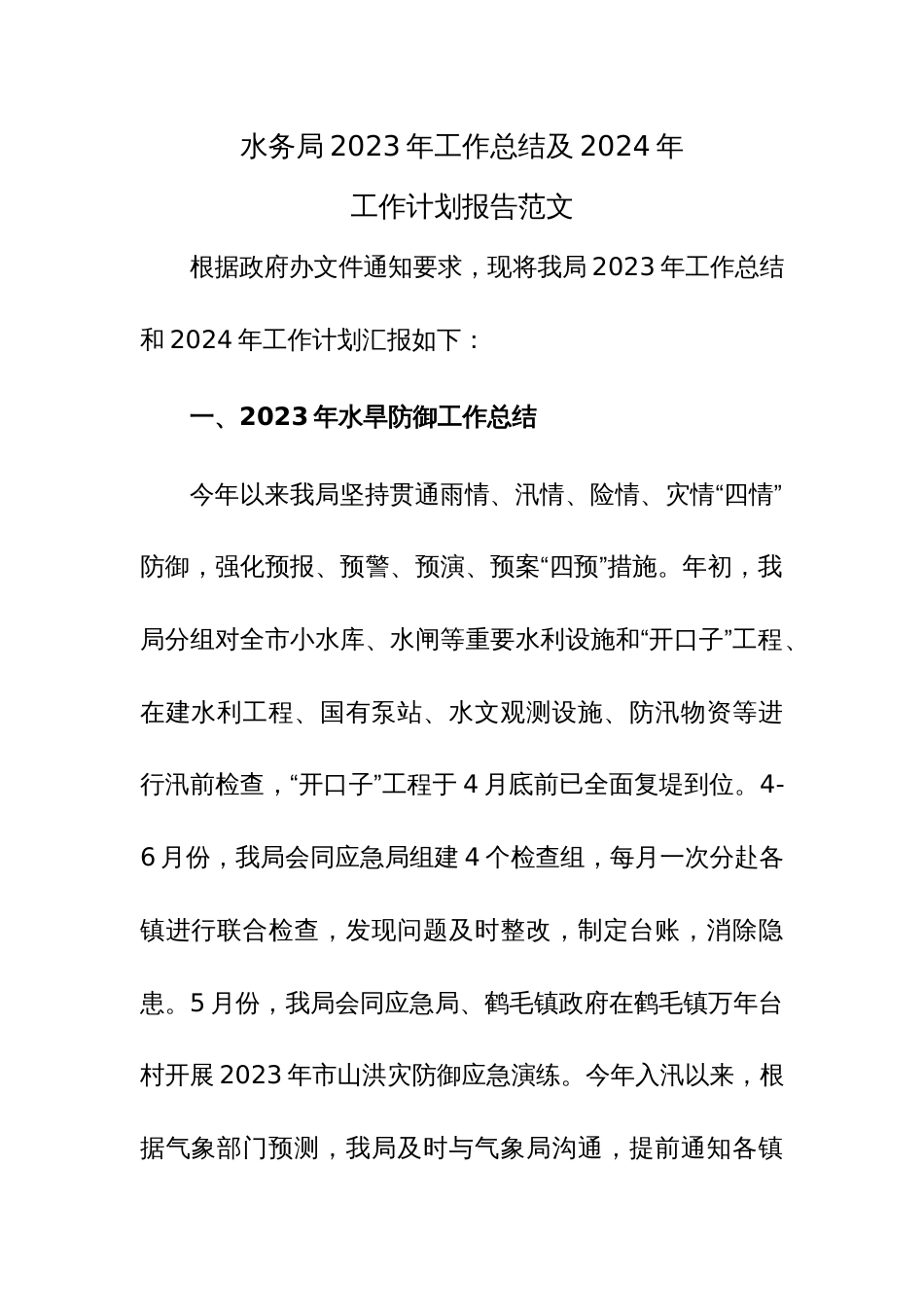 水务局2023年工作总结及2024年工作计划报告范文_第1页