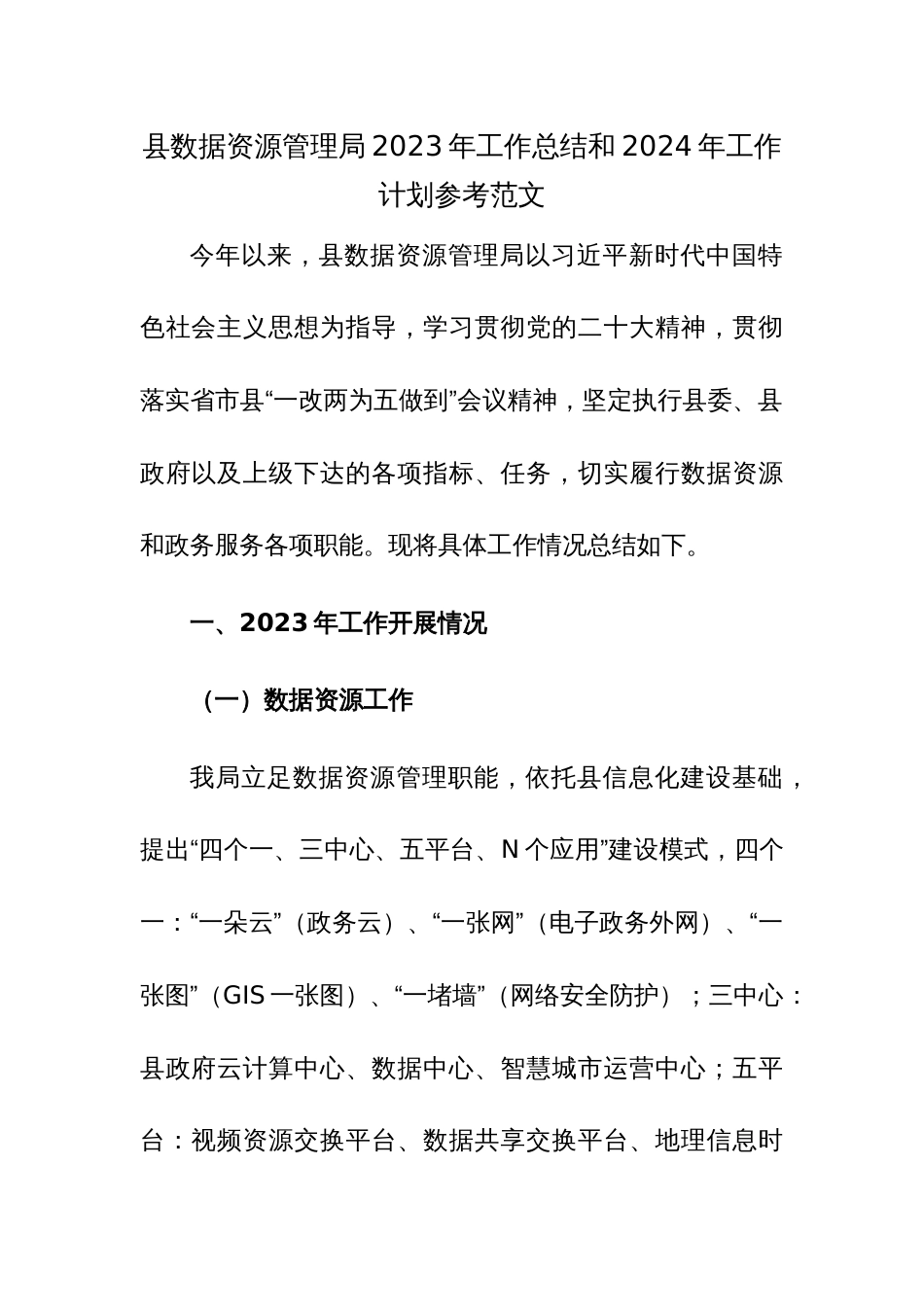 县数据资源管理局2023年工作总结和2024年工作计划参考范文_第1页