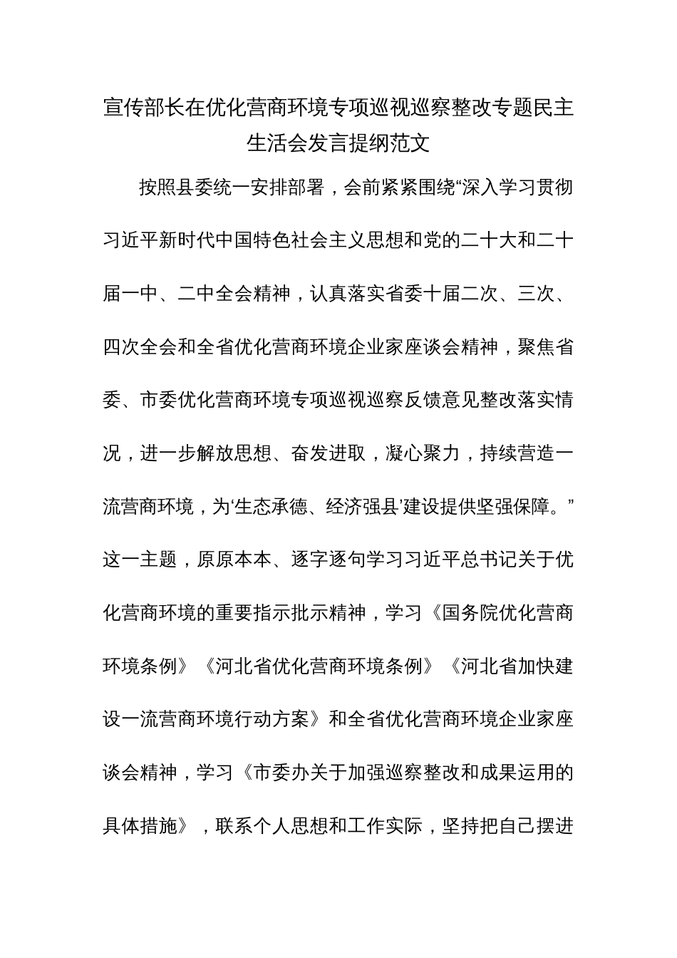 宣传部长在优化营商环境专项巡视巡察整改专题民主生活会发言提纲范文_第1页