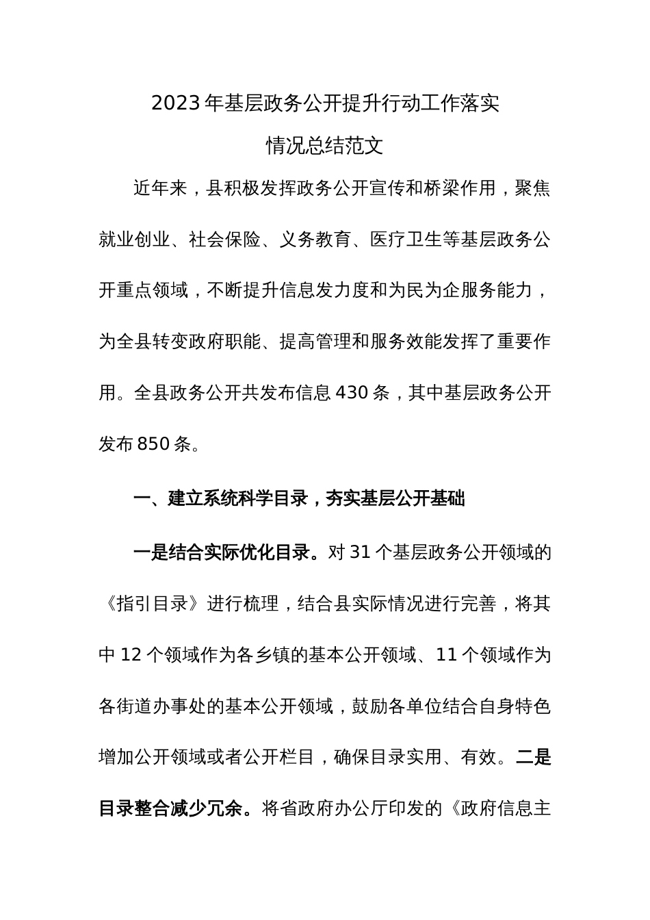 2023年基层政务公开提升行动工作落实情况总结范文_第1页