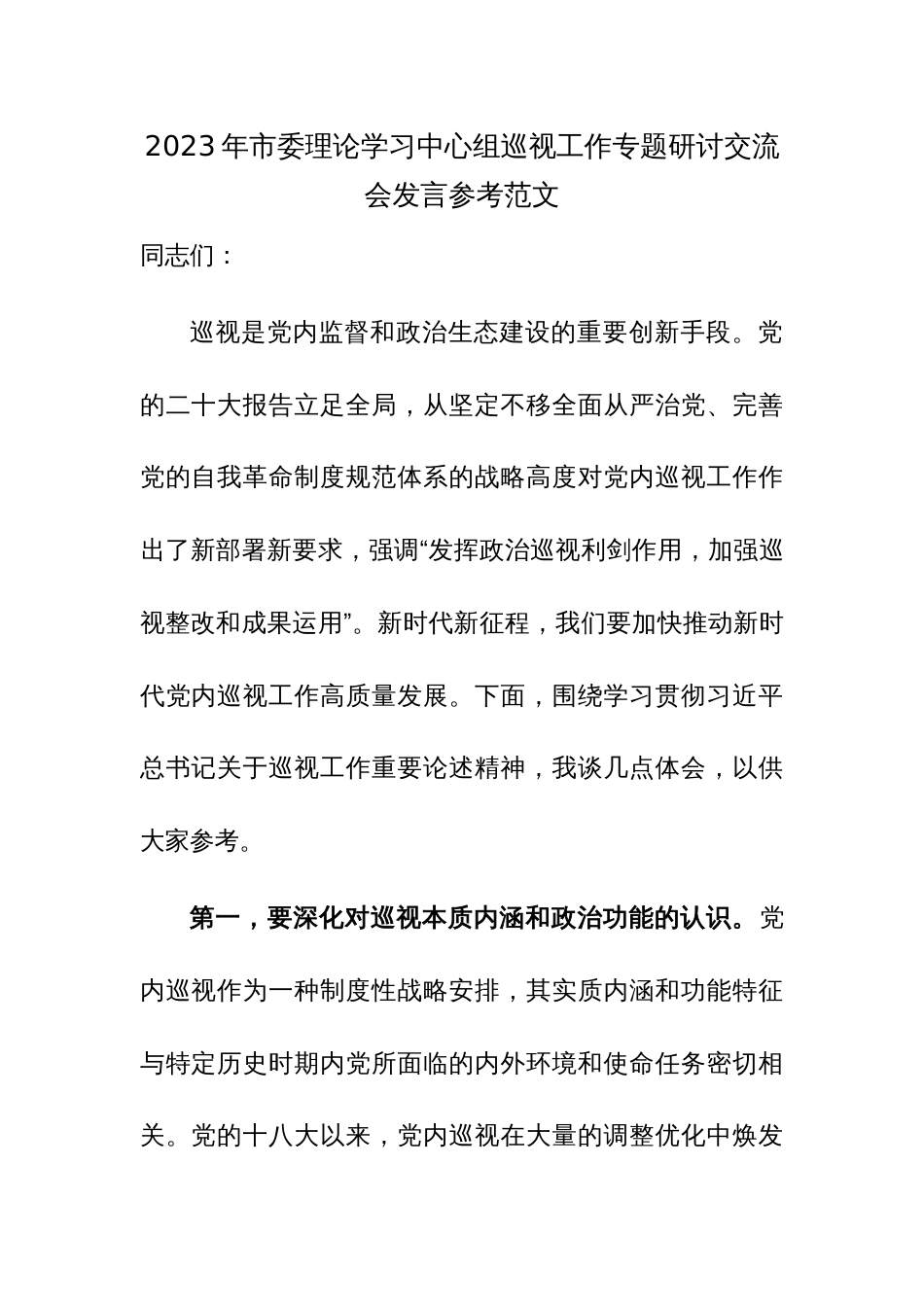 2023年市委理论学习中心组巡视工作专题研讨交流会发言参考范文_第1页
