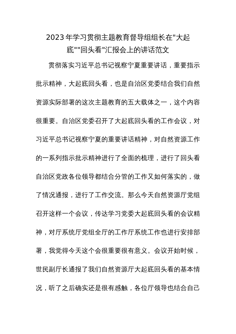 2023年学习贯彻主题教育督导组组长在“大起底”“回头看”汇报会上的讲话范文_第1页