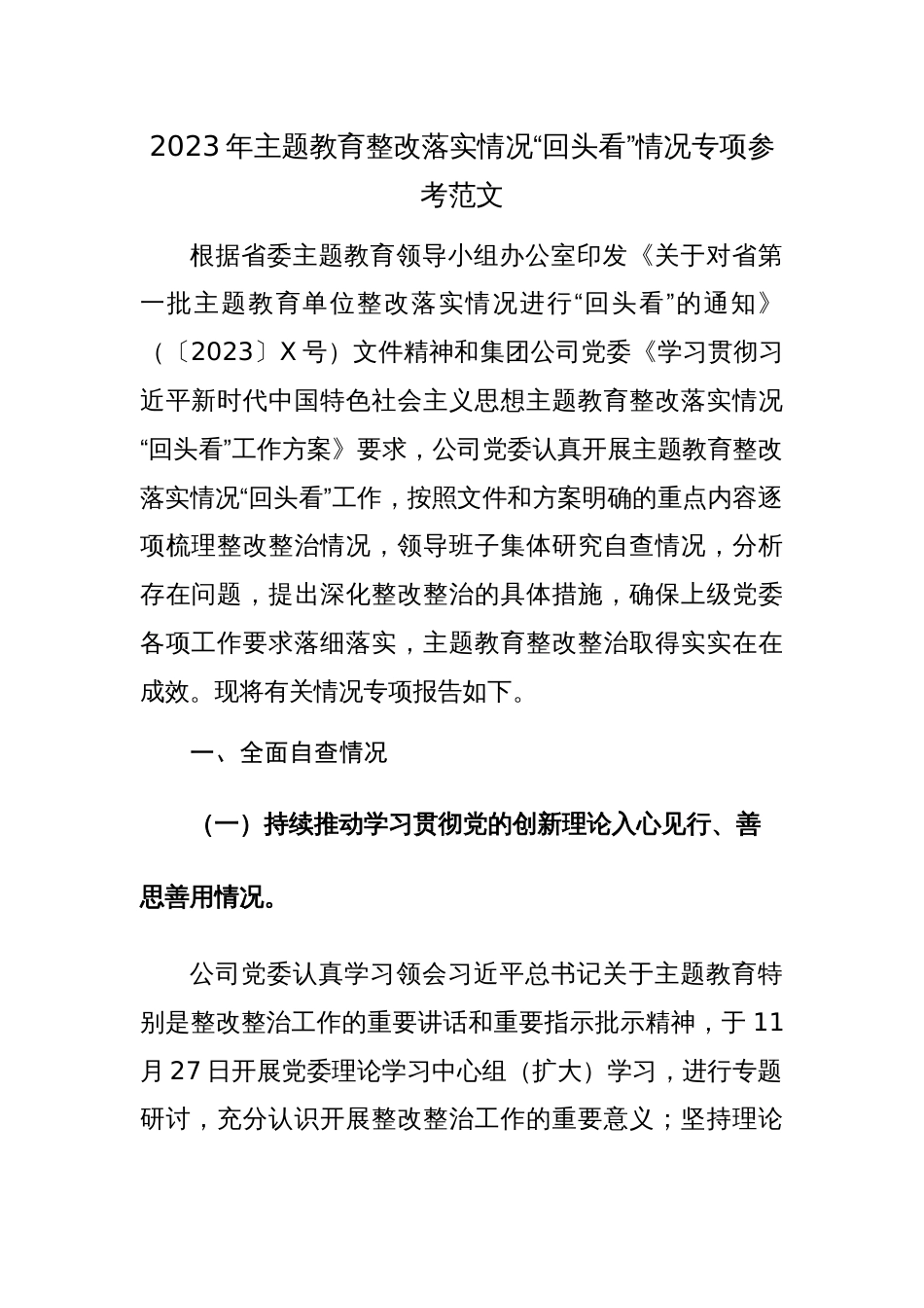 2023年主题教育整改落实情况“回头看”情况汇报范文_第1页