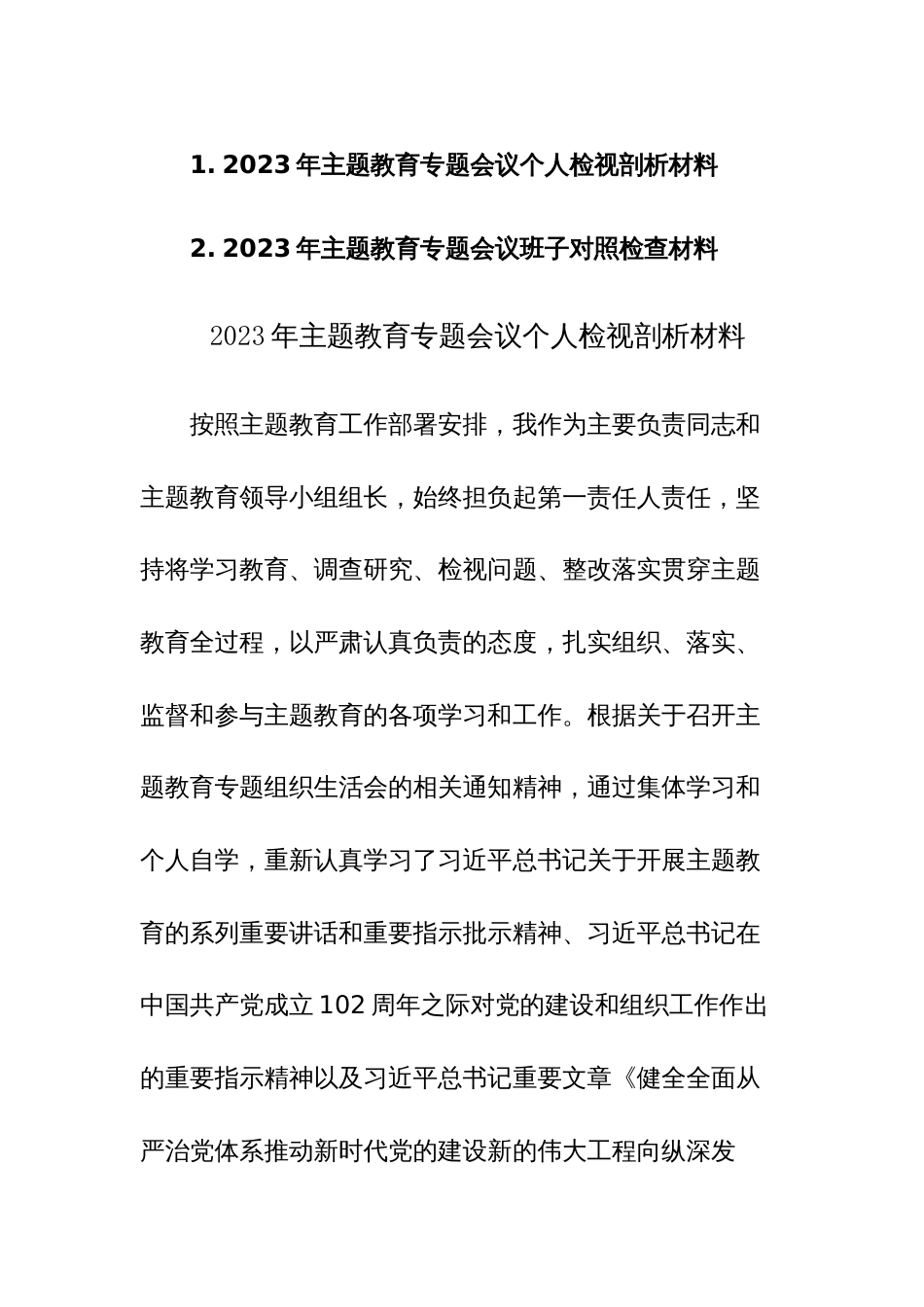 2023年主题教育专题会议个人（班子）检视剖析材料参考范文2篇_第1页