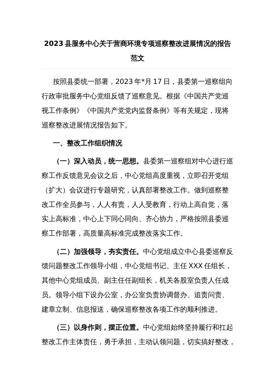 2023县服务中心关于营商环境专项巡察整改进展情况的报告范文_第1页
