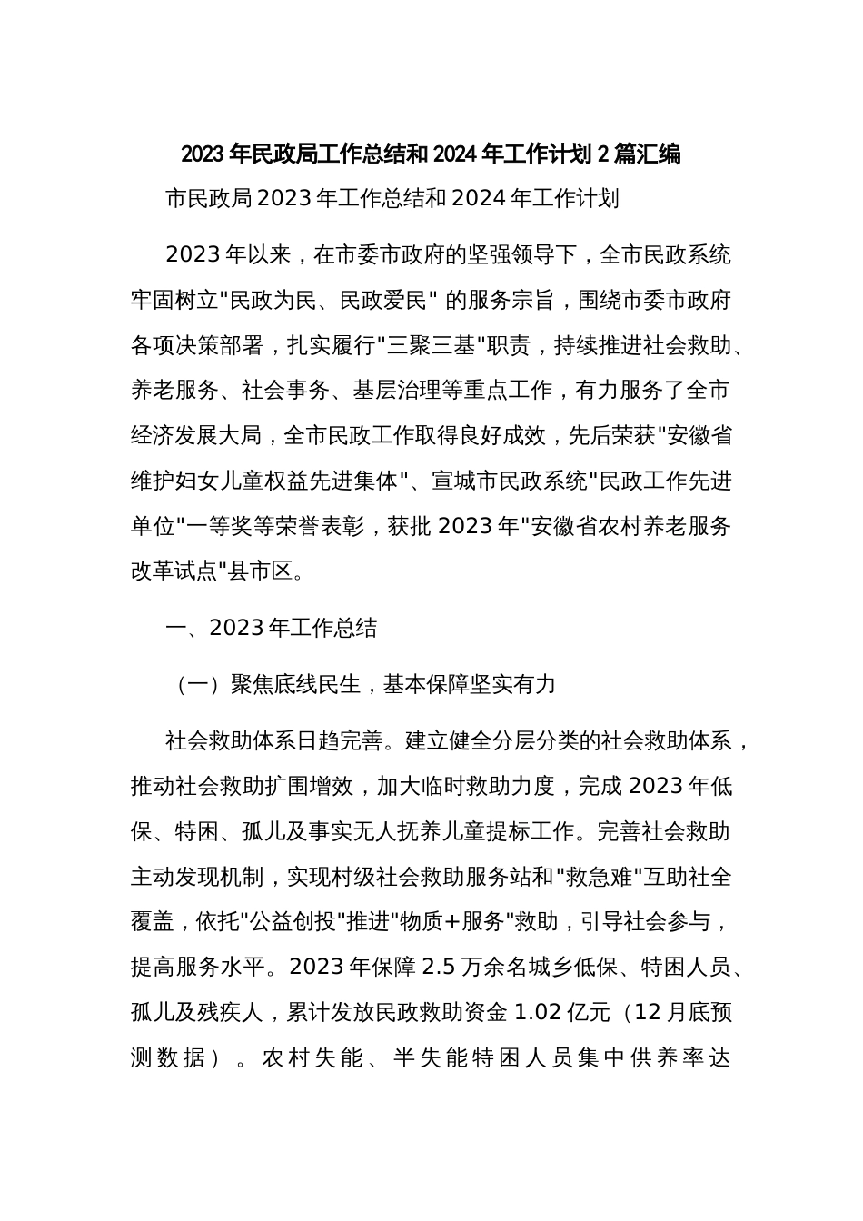 2023年民政局工作总结和2024年工作计划2篇汇编_第1页