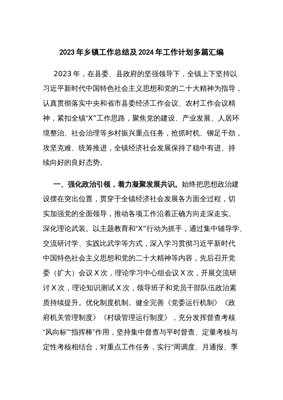 2023年乡镇工作总结及2024年工作计划多篇汇编_第1页
