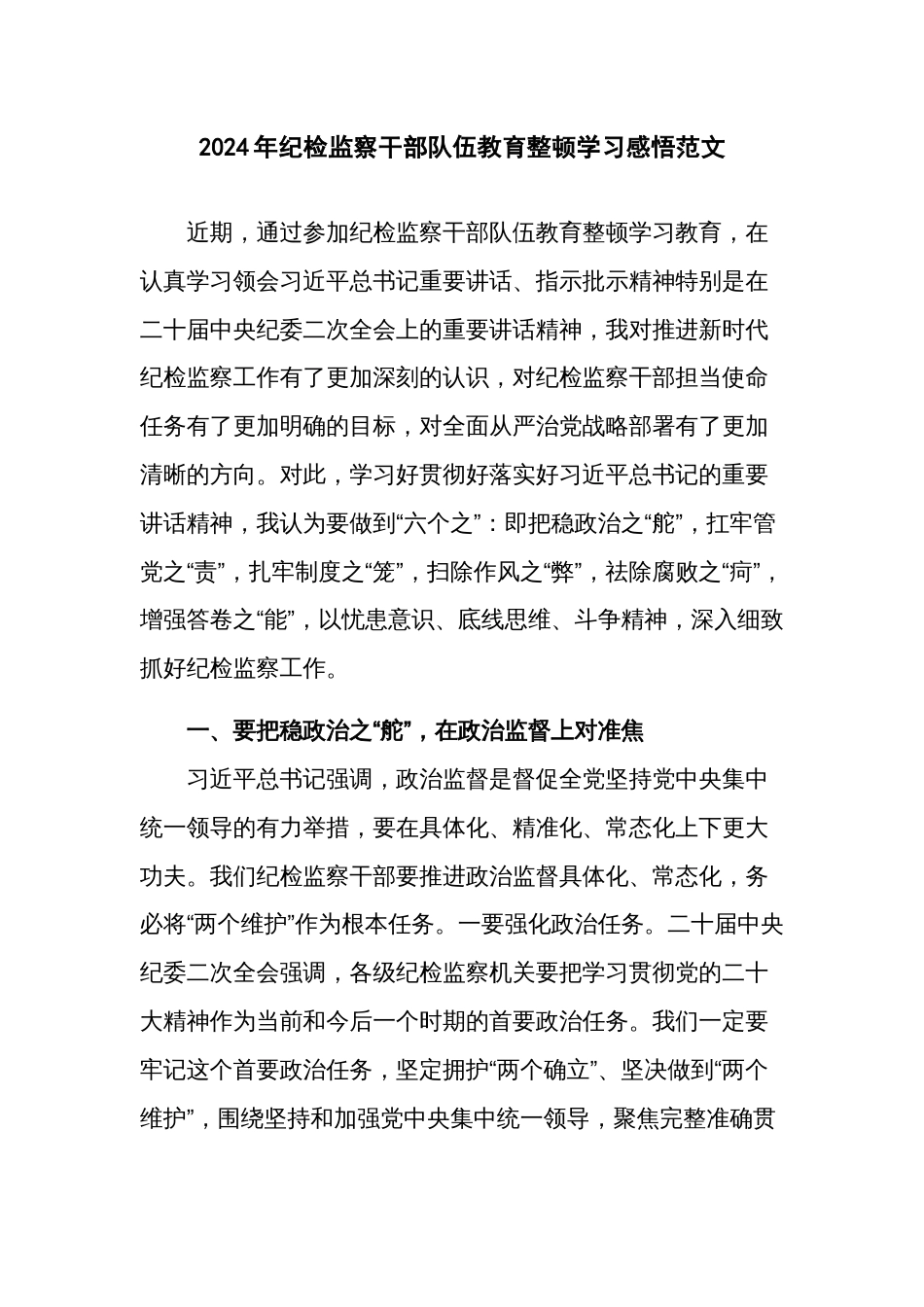 2024年纪检监察干部队伍教育整顿学习感悟范文_第1页