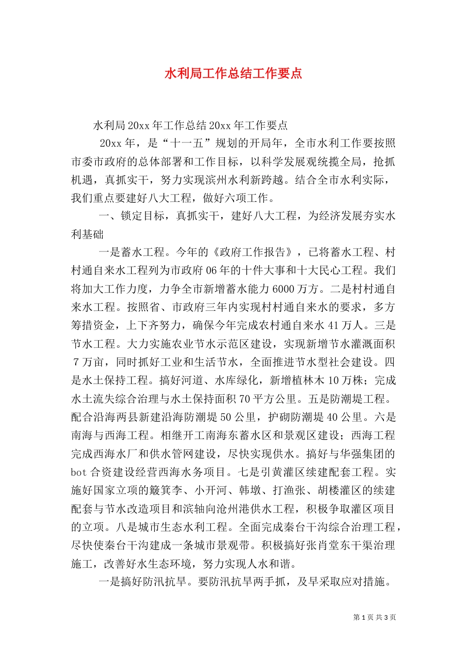 水利局工作总结工作要点_第1页