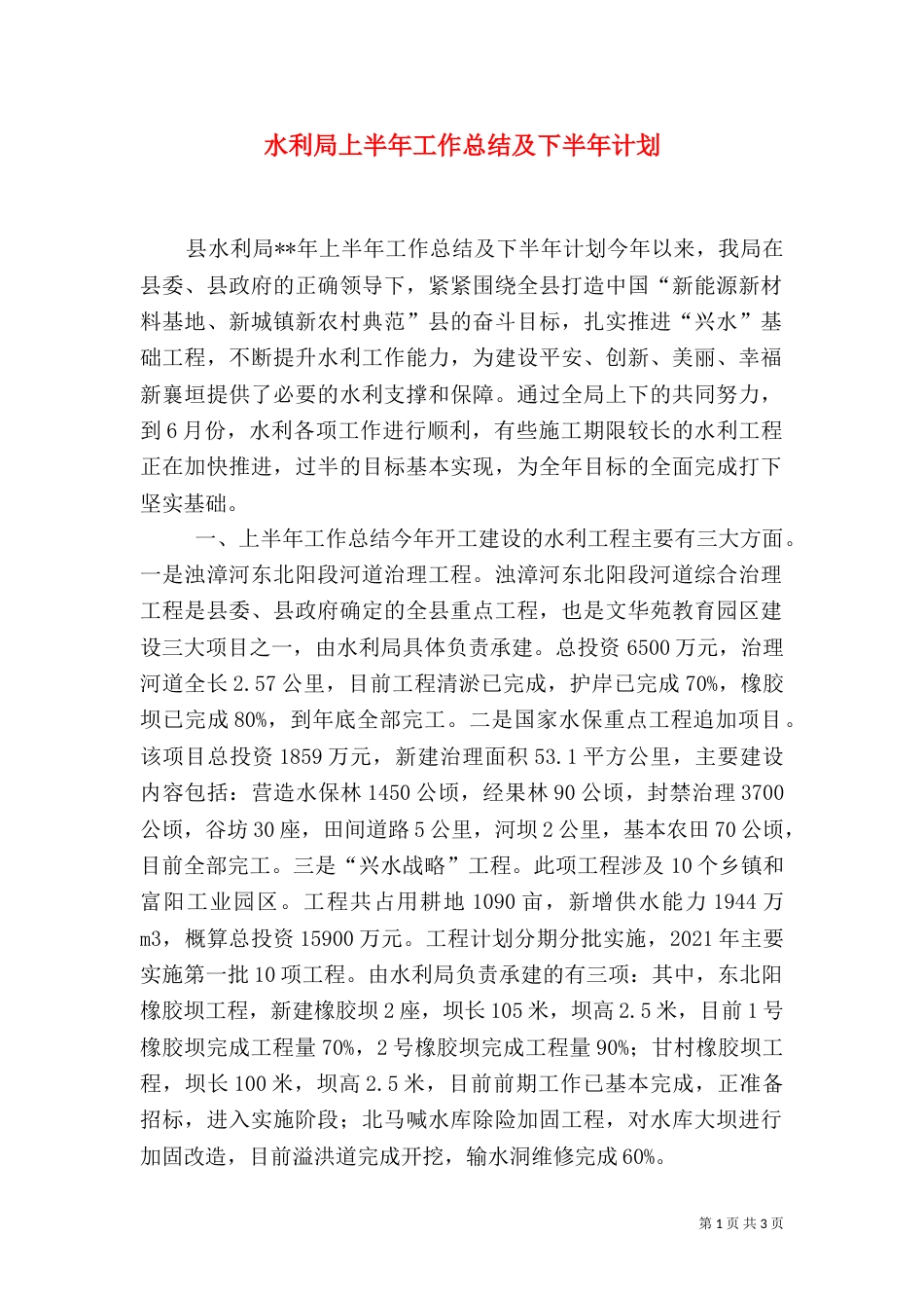 水利局上半年工作总结及下半年计划_第1页