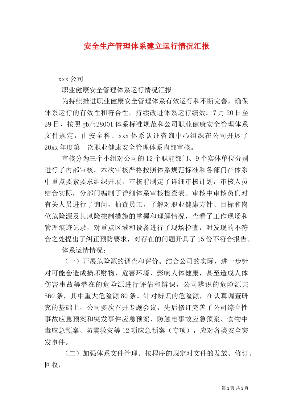 安全生产管理体系建立运行情况汇报（一）_第1页