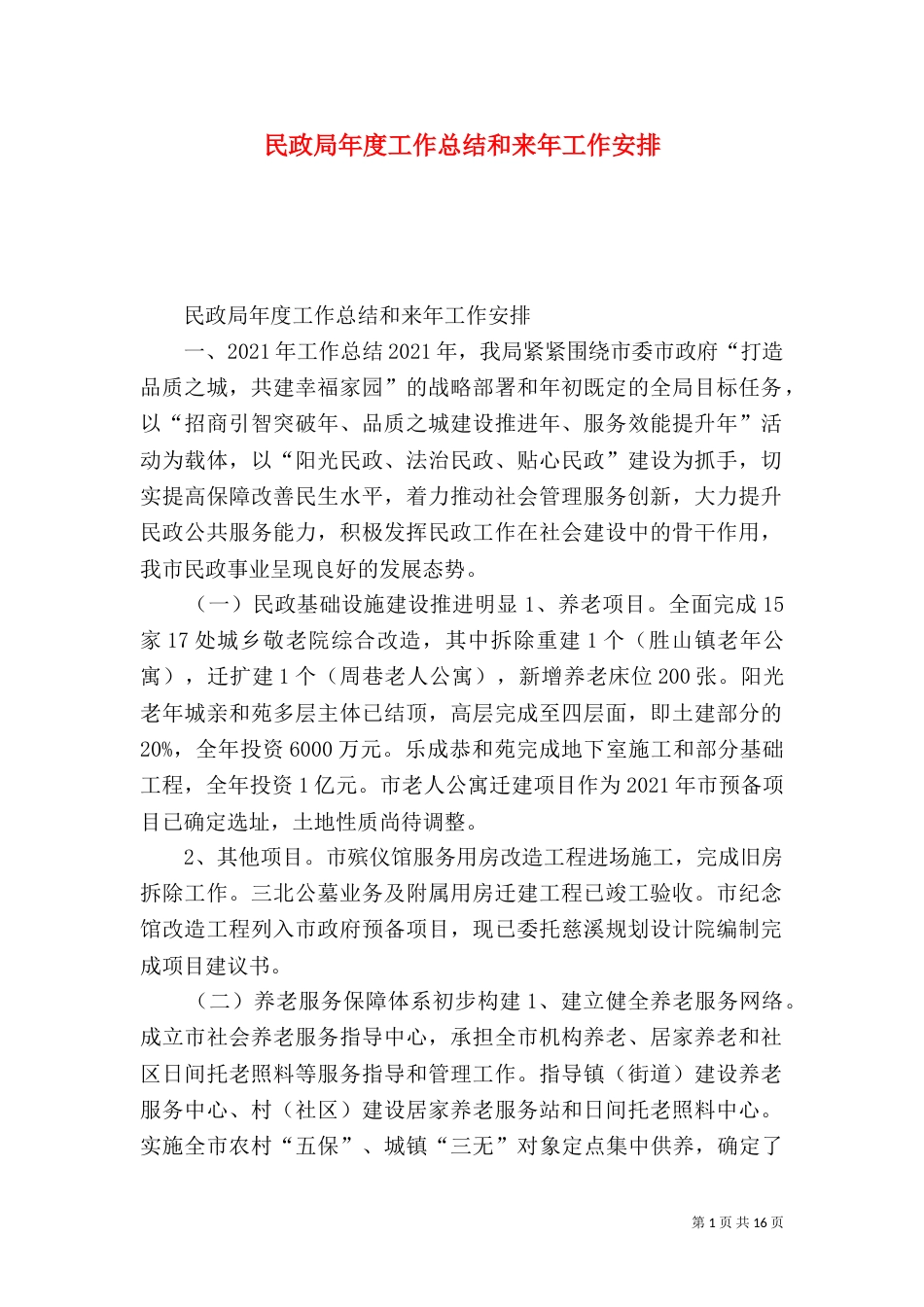 民政局年度工作总结和来年工作安排_第1页
