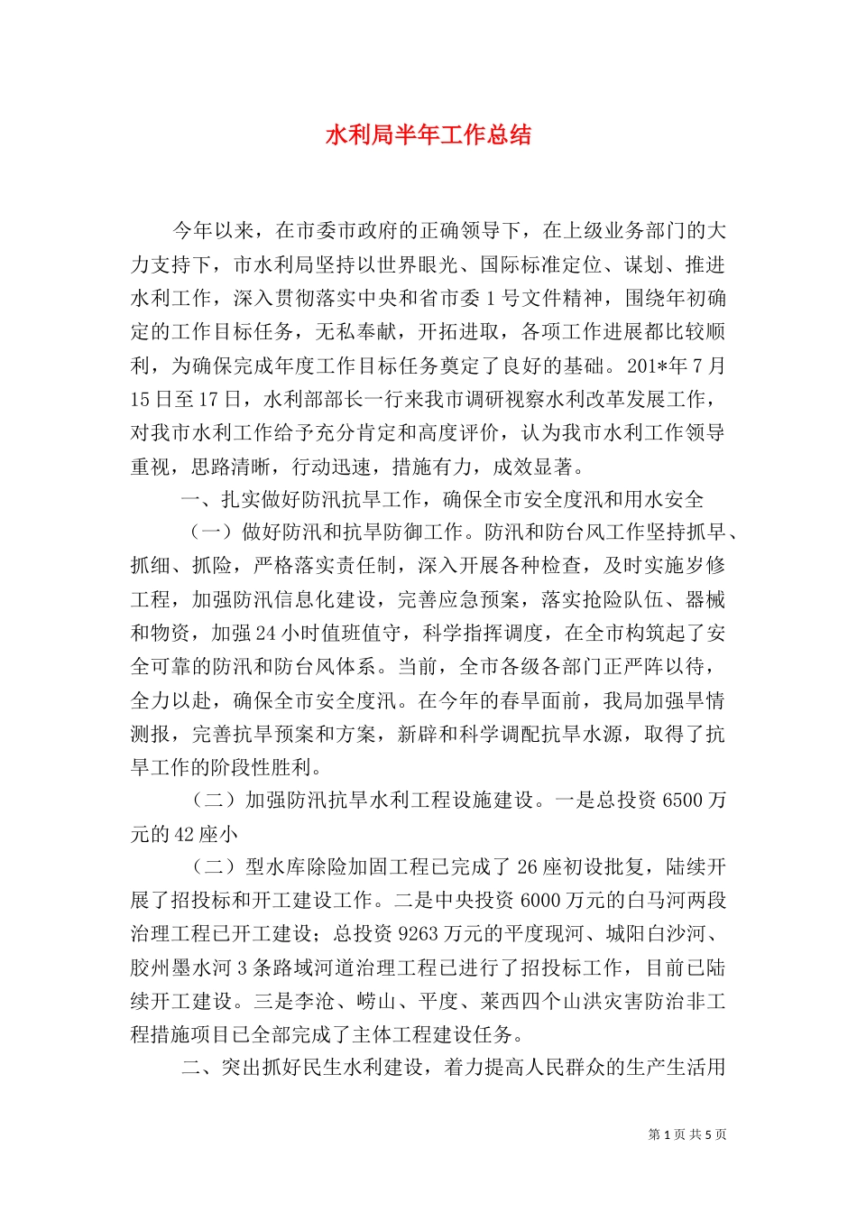 水利局半年工作总结（五）_第1页