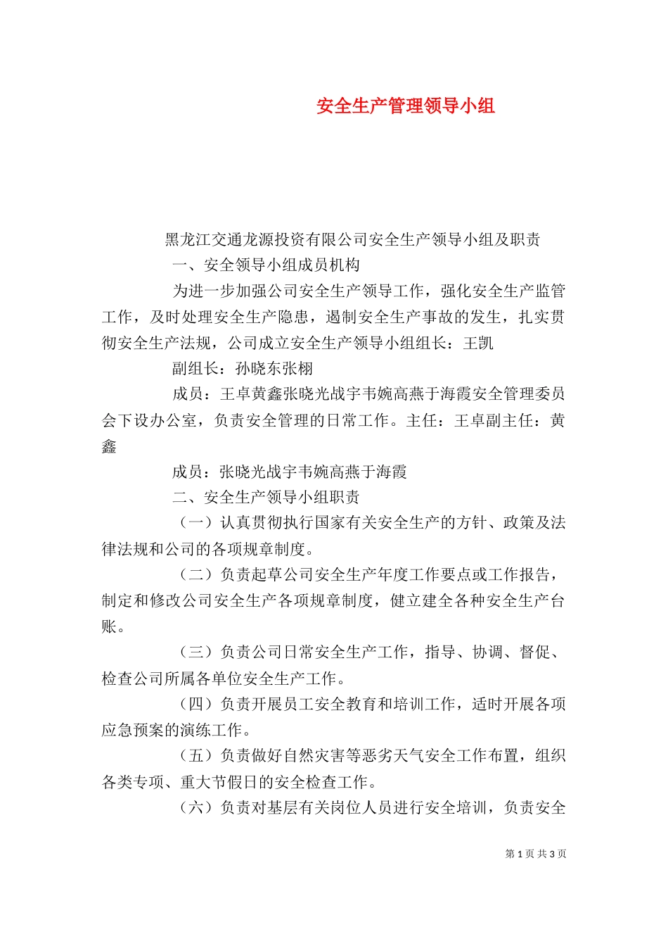 安全生产管理领导小组（一）_第1页