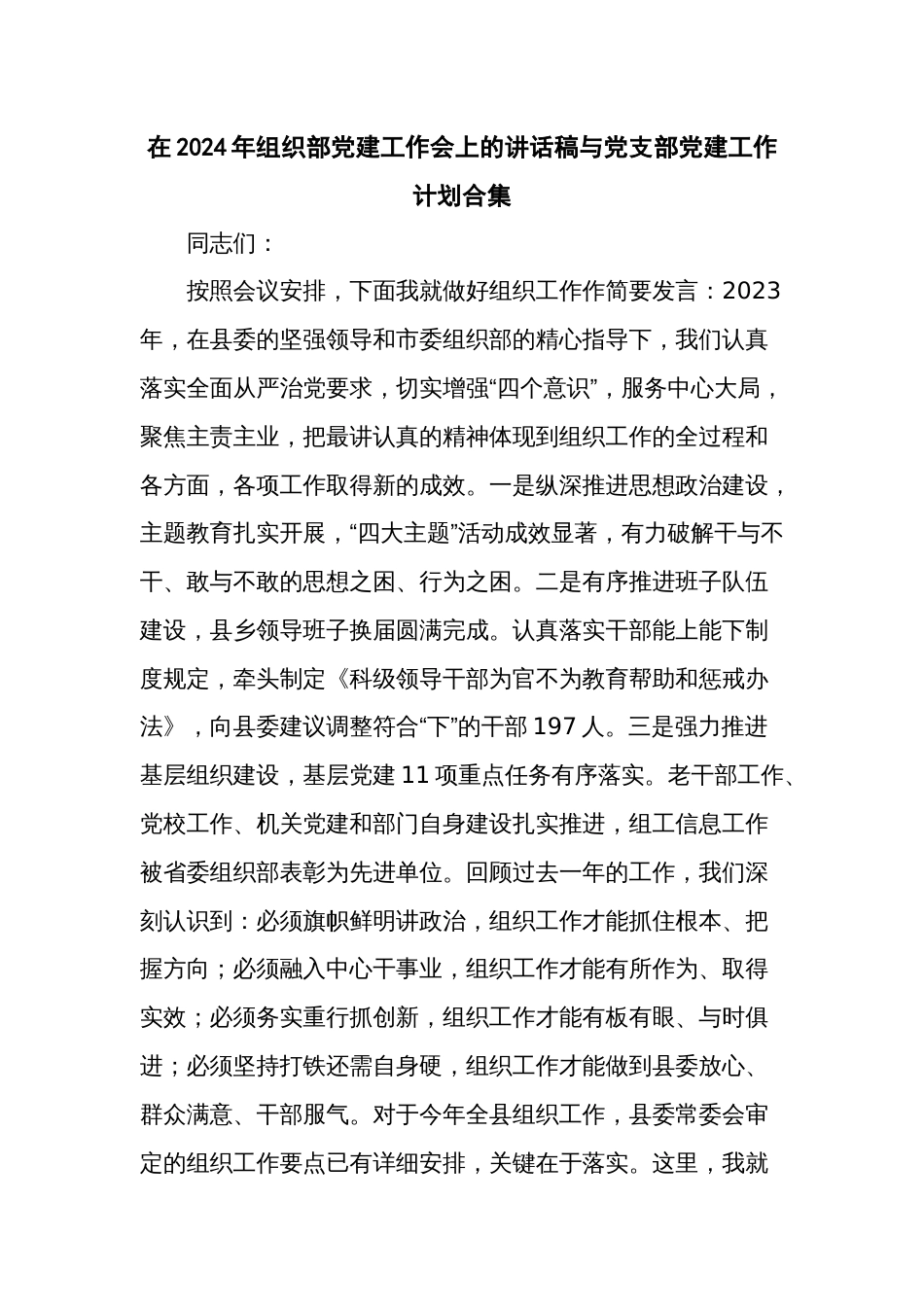 在2024年组织部党建工作会上的讲话稿与党支部党建工作计划_第1页