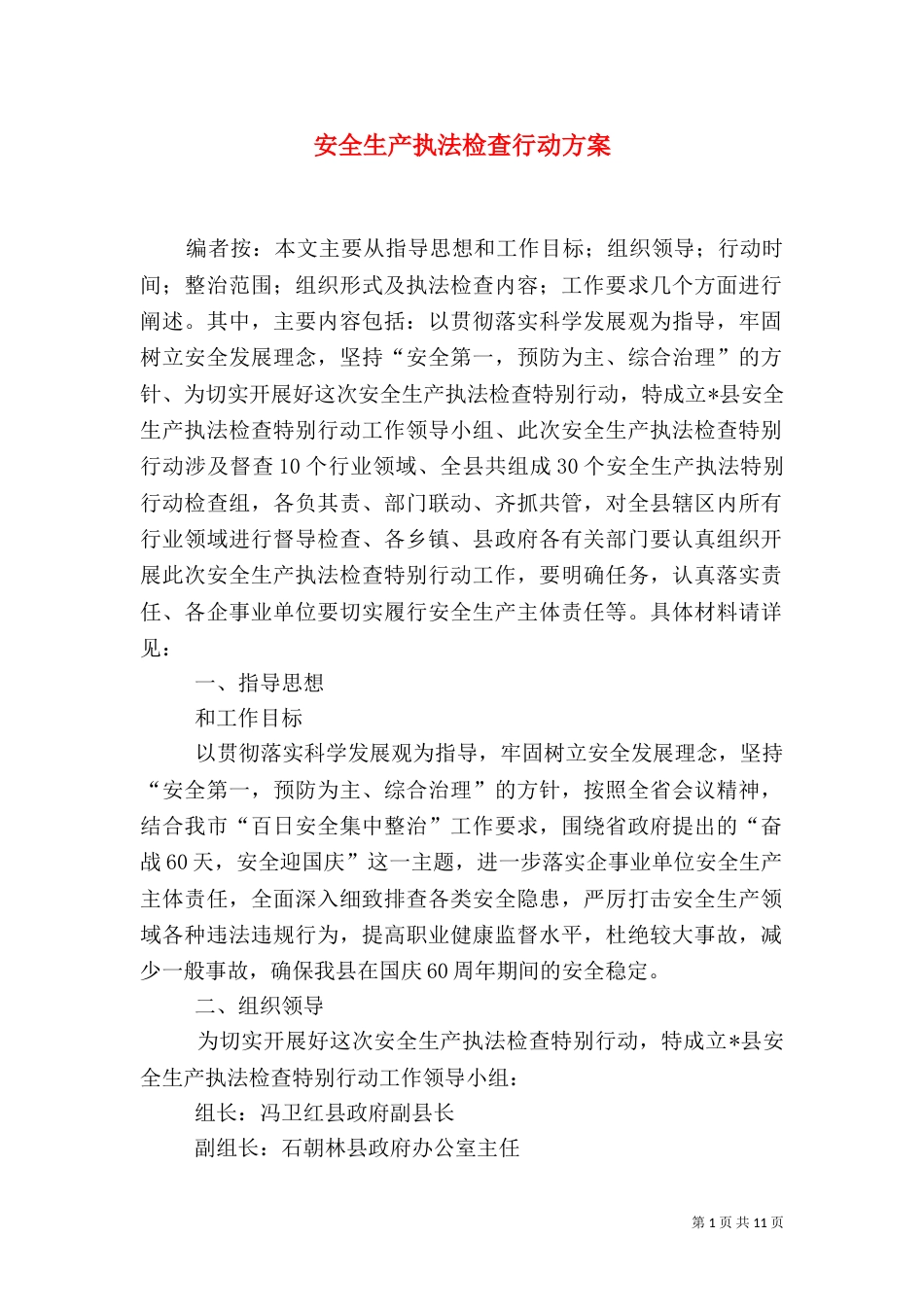 安全生产执法检查行动方案_第1页