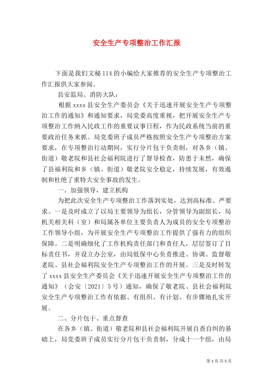 安全生产专项整治工作汇报（一）_第1页