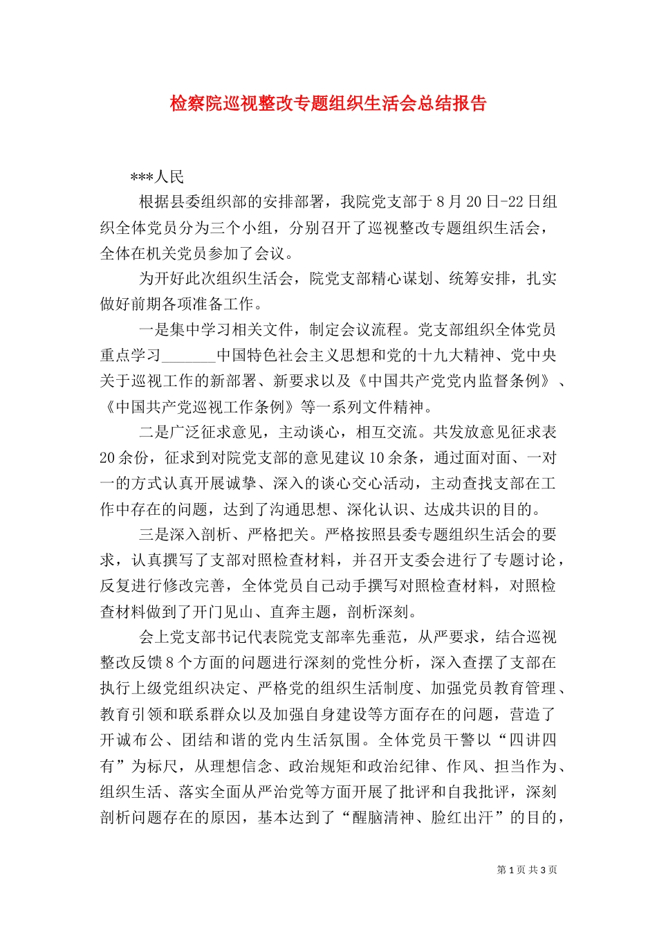 检察院巡视整改专题组织生活会总结报告_第1页