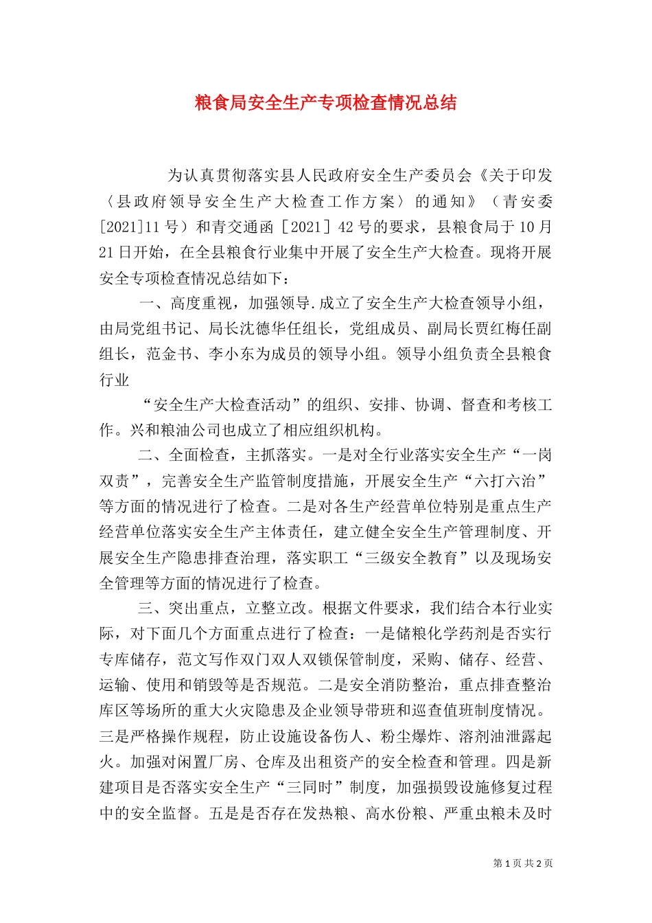 粮食局安全生产专项检查情况总结_第1页