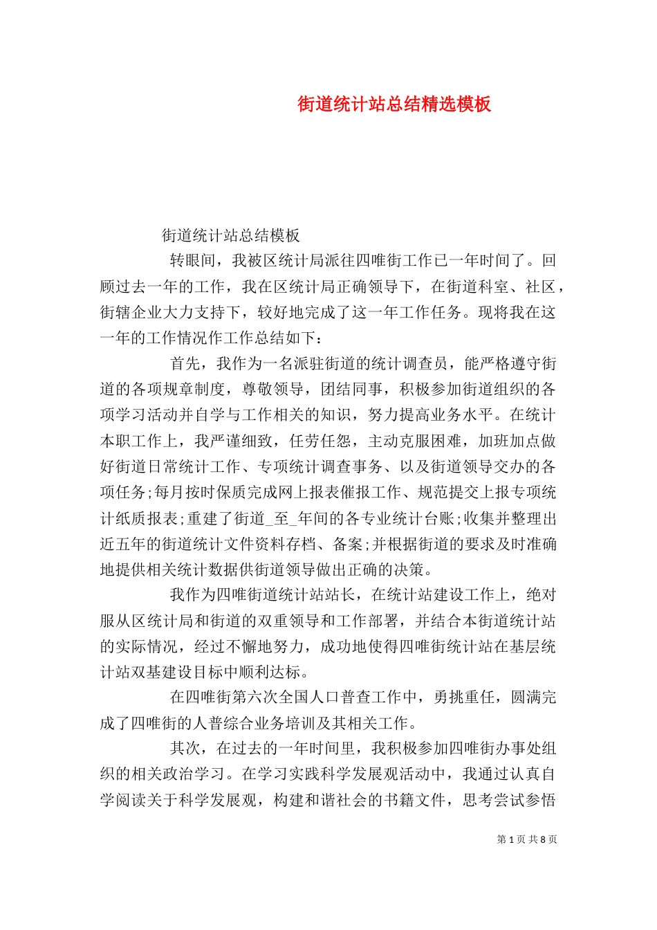 街道统计站总结精选模板_第1页